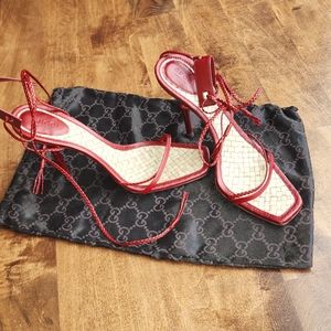 Gucci Red Braided Leather Braided Ankle Strap Sandals Size 39